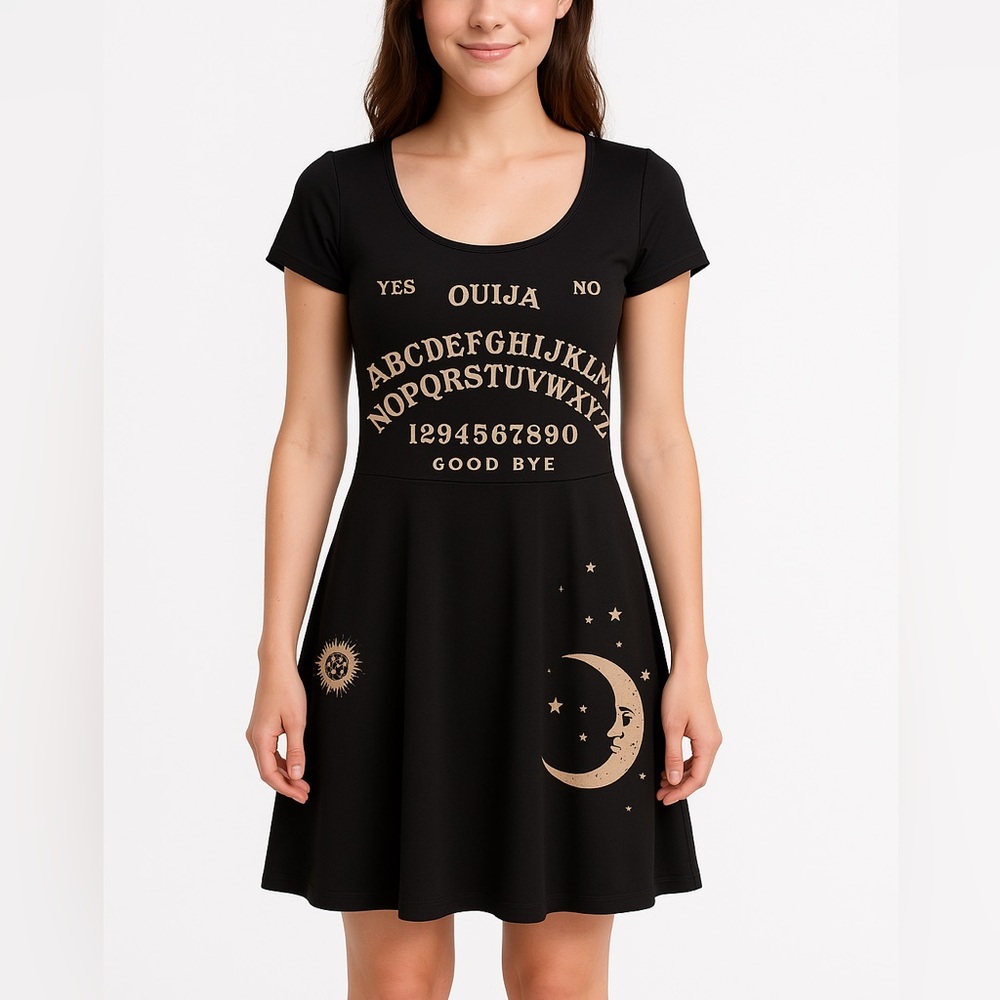 Ouija Board Dress Fit and Flare Black Scoop Neck Polyester Spandex